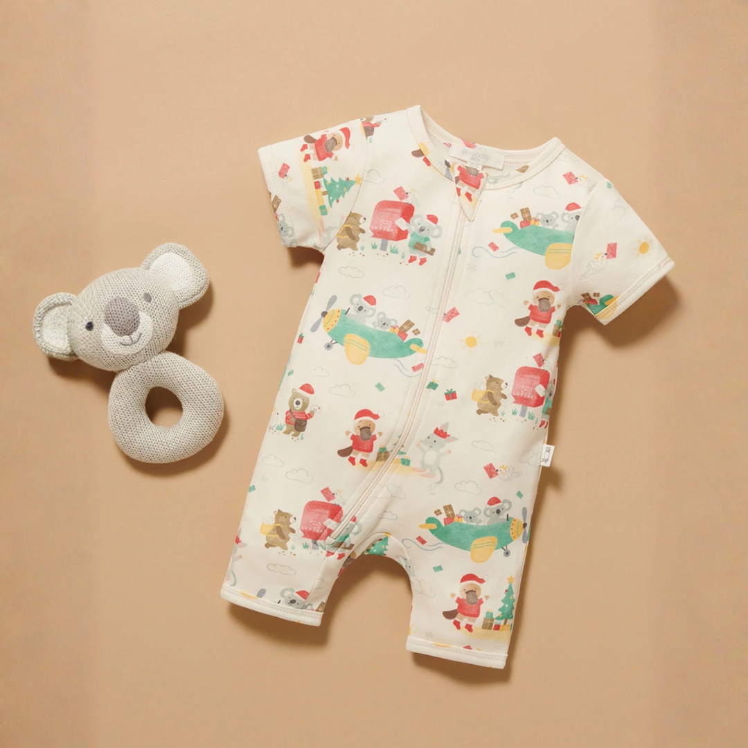 Purebaby Christmas Wishes Print Short Sleeve Zip Growsuit Organic