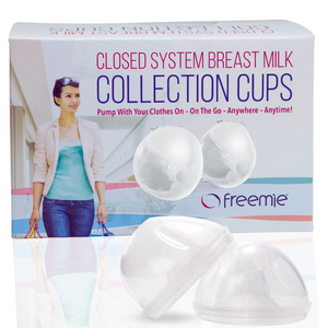 Freemie Closed System Breast Milk Collection Cups retail box with cups and flanges