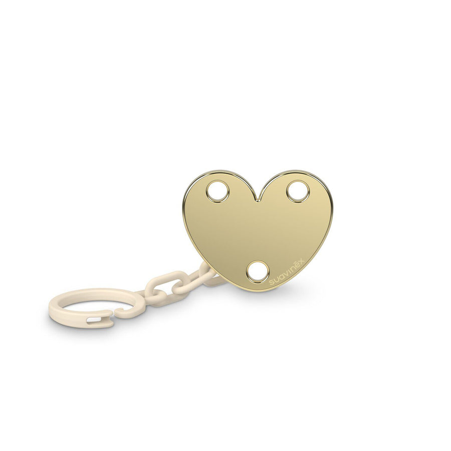 Suavinex gold-tone heart soother clip on a beige chain