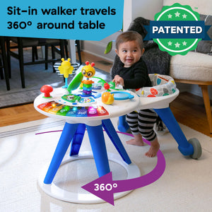 Sit-in walker seat travels 360 degrees around the activity table