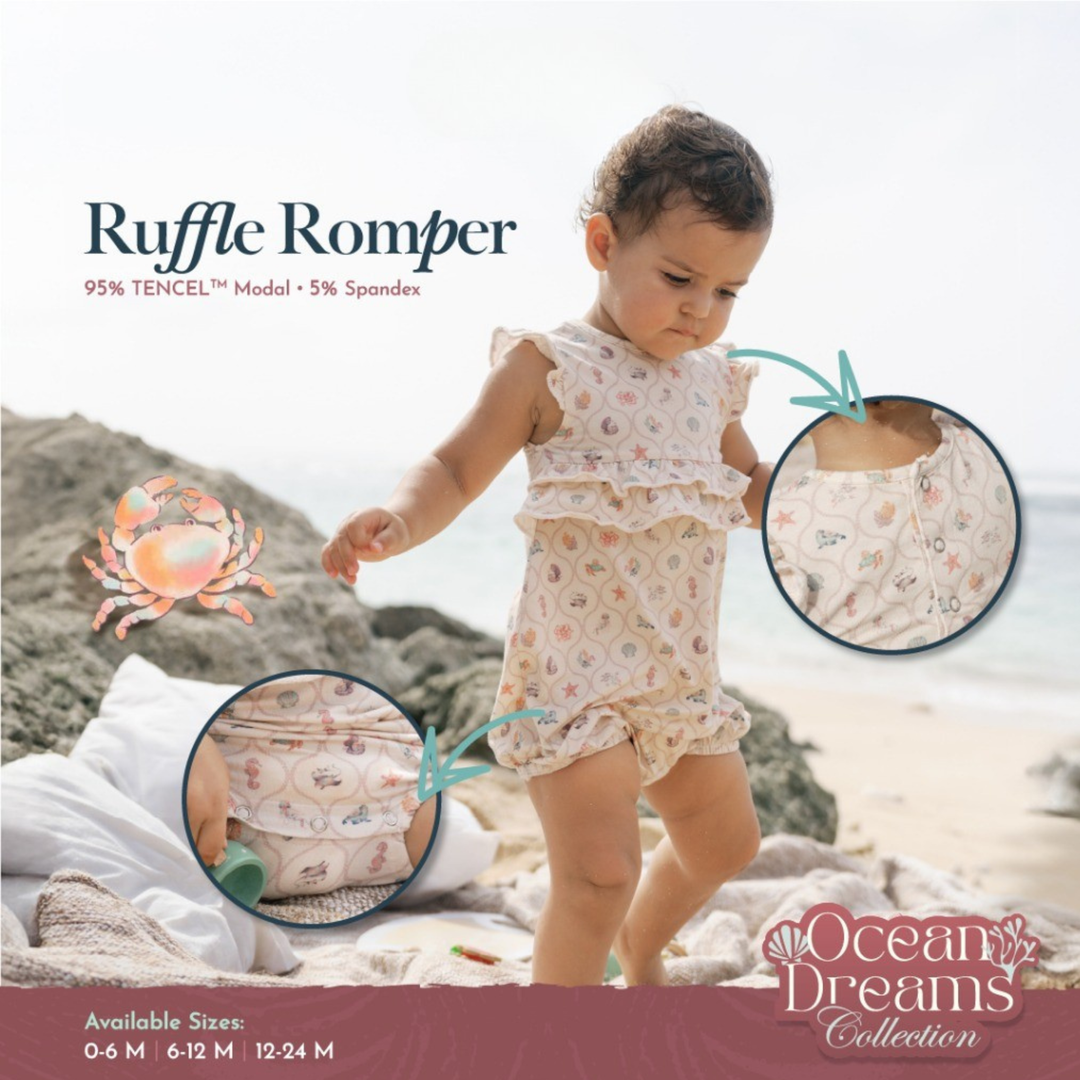 Koobicles Tencel Ocean Dreams In Ivory Pearl Ruffle Romper
