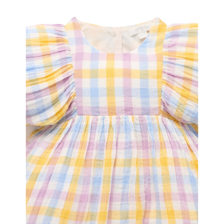 Purebaby Lila Check Print Gathered Dress Organic