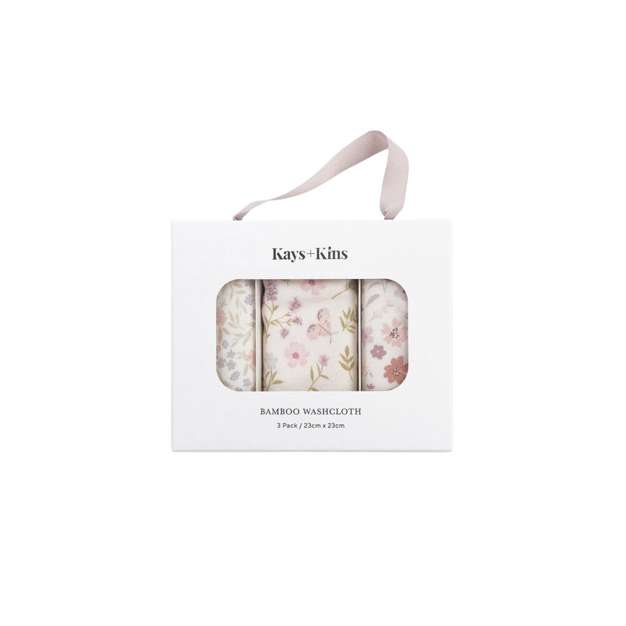 Kays+Kins 3-Pack Bamboo Washcloth in the Petal Plays print, boxed