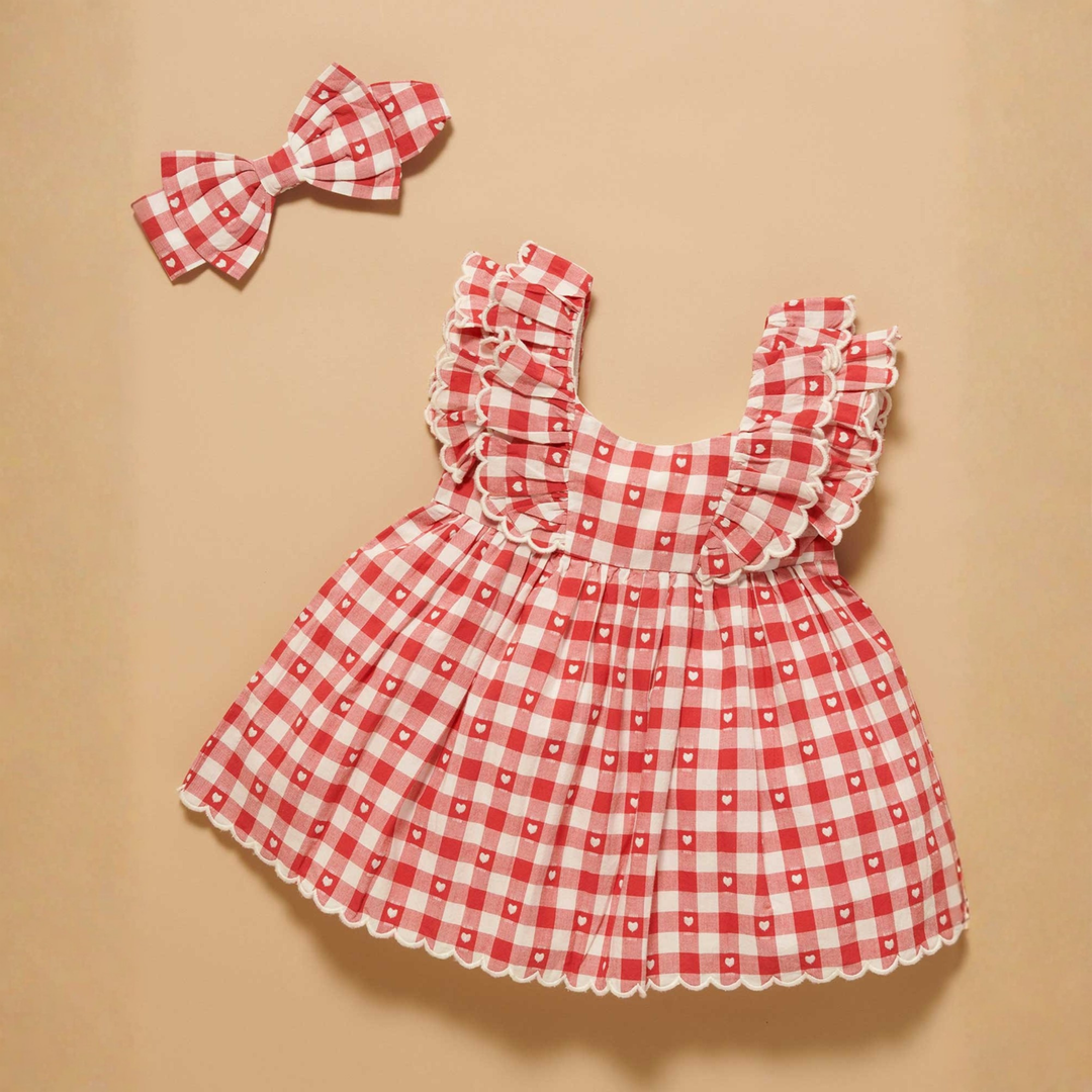 Purebaby Heart Gingham Print Gingham Bow Headband Organic