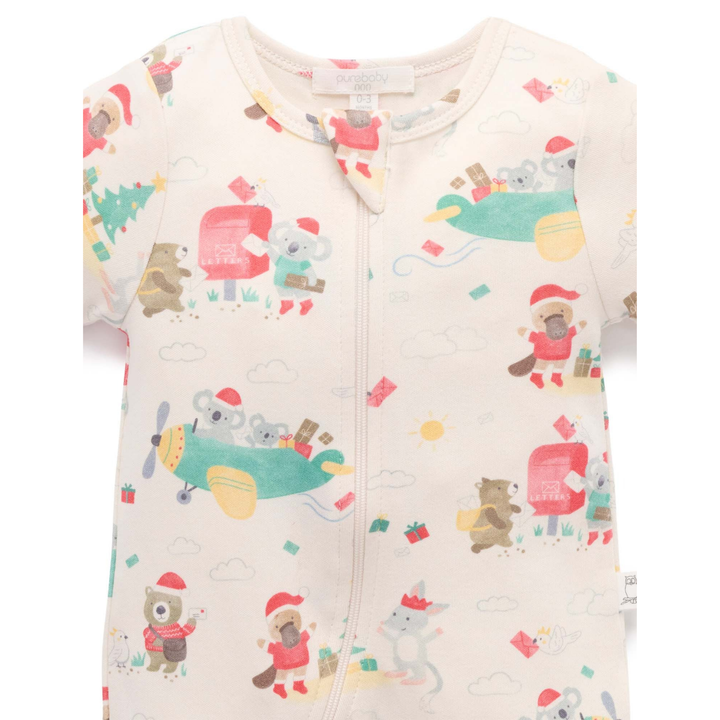 Purebaby Christmas Wishes Print Short Sleeve Zip Growsuit Organic