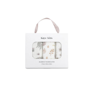 Kays+Kins 3-Pack Bamboo Washcloth in the Whispering Woods print, boxed