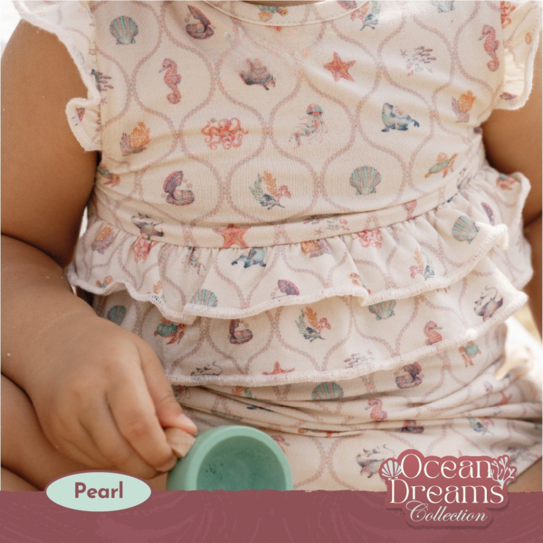 Koobicles Tencel Ocean Dreams In Ivory Pearl Ruffle Romper