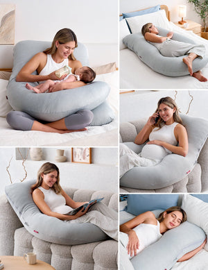 In use through pregnancy and after birth: side sleeping, sitting up, reading and nursing support