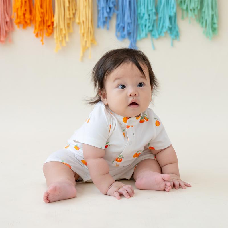 Le Petit Society Mandarin Orange Series - Baby Jersey Romper in Classic Orange Print