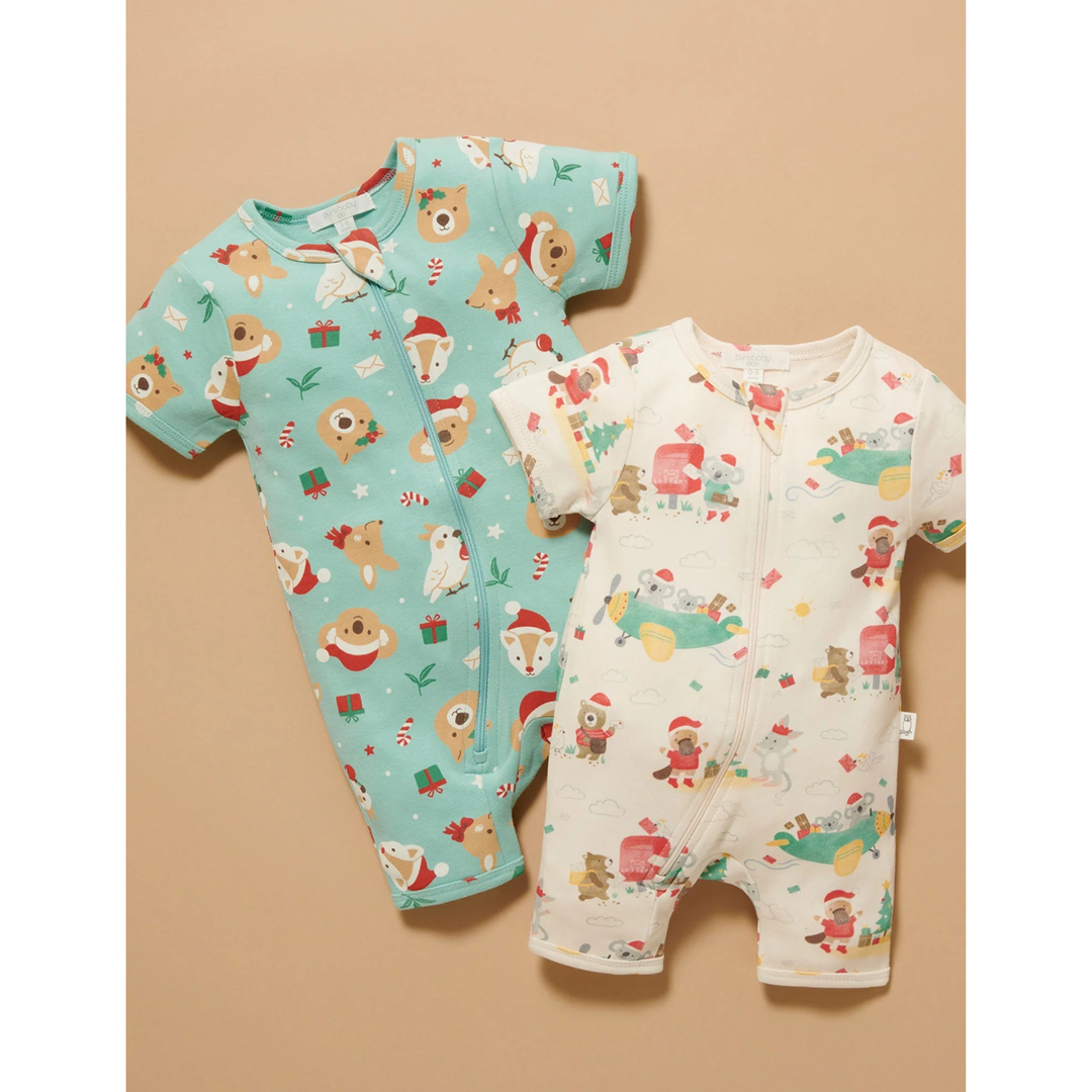 Purebaby Christmas Wishes Print Short Sleeve Zip Growsuit Organic