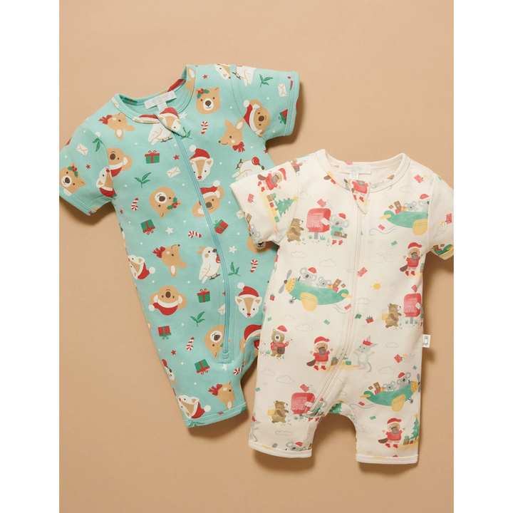 Purebaby Christmas Wishes Print Short Sleeve Zip Growsuit Organic