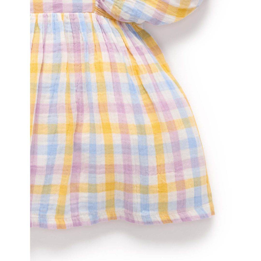 Purebaby Lila Check Print Gathered Dress Organic