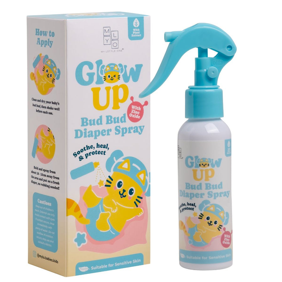 MyLO Glow Up Bud Bud Diaper Spray 100ml, box and trigger spray bottle