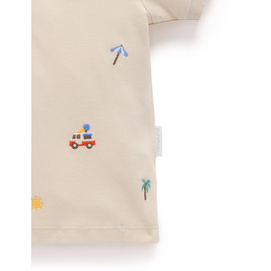 Purebaby Cancun Sand Broderie Print Resort Embroidered Polo Organic
