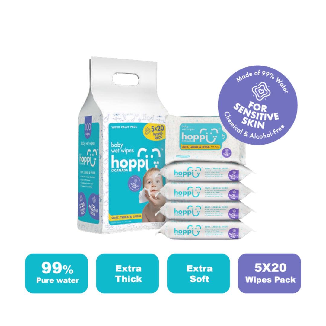 Hoppi Baby Wet Wipes  (20 wipes x 5 packs)