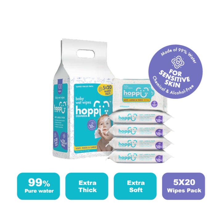 Hoppi Baby Wet Wipes  (20 wipes x 5 packs)