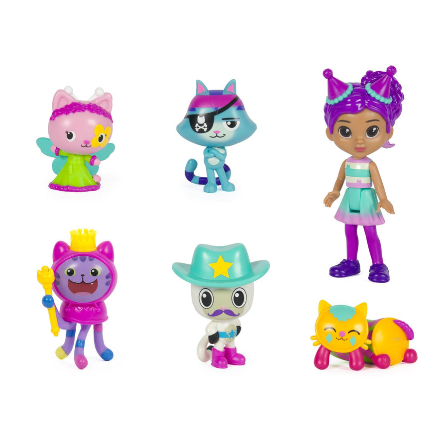 All six celebration-themed Gabby's Dollhouse figures in the gift pack