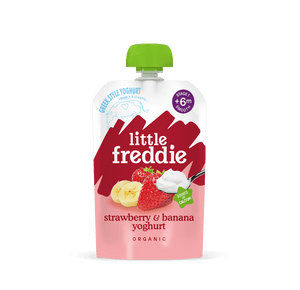 Little Freddie organic strawberry and banana Greek style yoghurt 100g pouch, front of pack