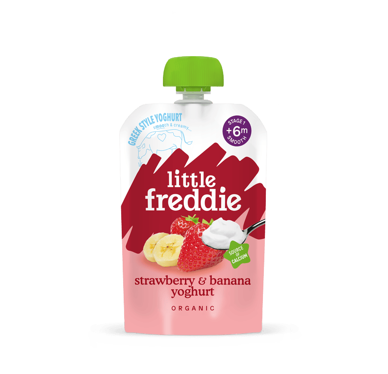 Little Freddie organic strawberry and banana Greek style yoghurt 100g pouch, front of pack
