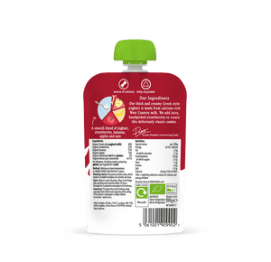 Little Freddie strawberry and banana Greek style yoghurt pouch, back of pack with ingredients and nutritionals
