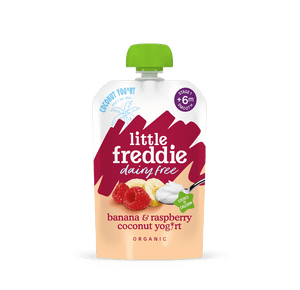 Little Freddie organic dairy free banana and raspberry coconut yog*rt 90g pouch, front of pack