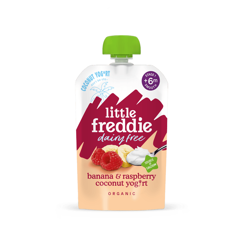 Little Freddie organic dairy free banana and raspberry coconut yog*rt 90g pouch, front of pack