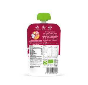 Little Freddie banana and raspberry coconut yog*rt pouch, back of pack with ingredients and nutritionals