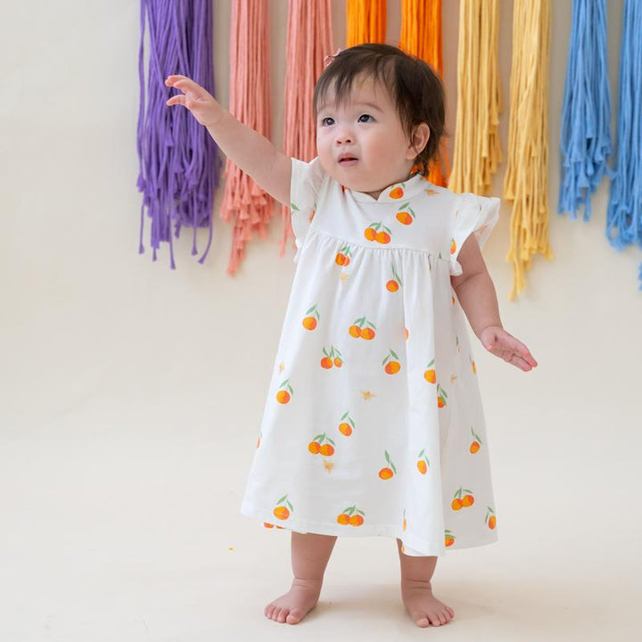 Le Petit Society Mandarin Orange Series - Baby Jersey Dress in Classic Orange Print
