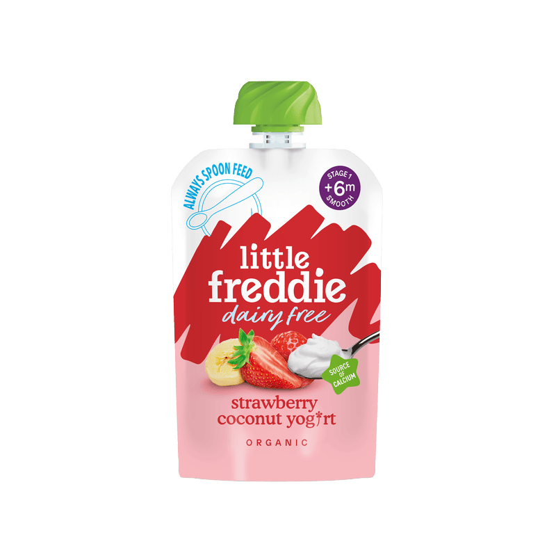 Little Freddie organic dairy free strawberry coconut yog*rt 90g pouch, front of pack