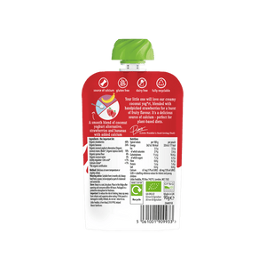 Little Freddie strawberry coconut yog*rt pouch, back of pack with ingredients and nutritionals