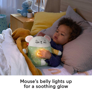 Child at bedtime holding the glowing Meditation Mouse