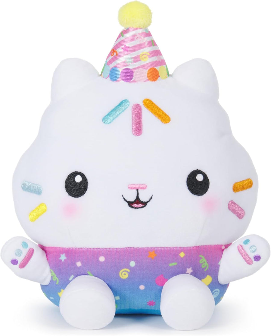 Sprinkle Party Cakey Cat 10-inch plush in his celebration outfit and party hat
