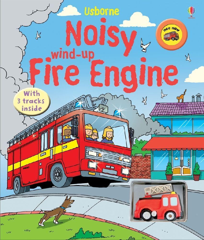 Usborne Noisy Wind-up Fire Engine board book cover with the wind-up fire engine in its front-cover well