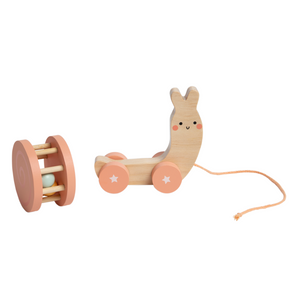Pearhead wooden snail pull toy with detachable rattle shell