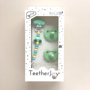 TeetherJoy Twin Pacifier Set - two pacifiers and a pacifier clip, boxed