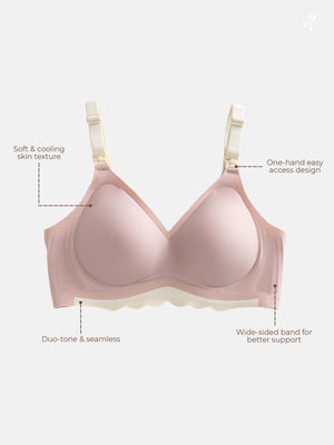 Bmama Ultra Cooling Nursing Bra features: soft cooling skin texture, one-hand easy access, duo-tone seamless, wide side band