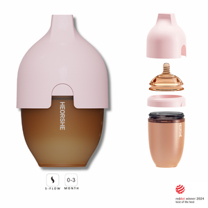 HEORSHE Ultra Wide Neck Baby Bottle 5 oz in pink, shown disassembled