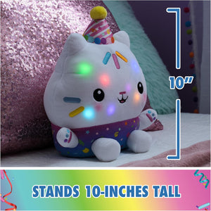 Cakey Cat plush lit up, shown at 10 inches tall