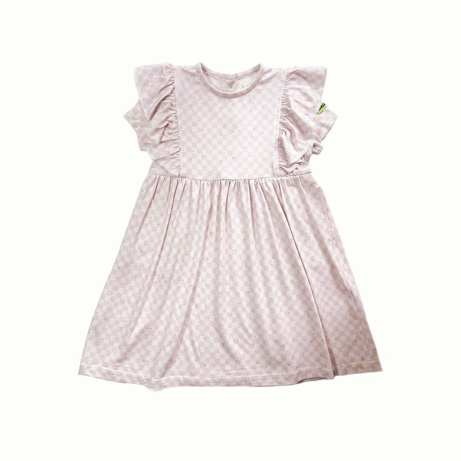 Hamako Tencel Frill Dress in the Stary Gingham print