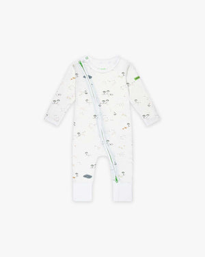 Hamako Tencel Micromodal Jippa Suit in the Farmyard print, flat lay showing the diagonal zip