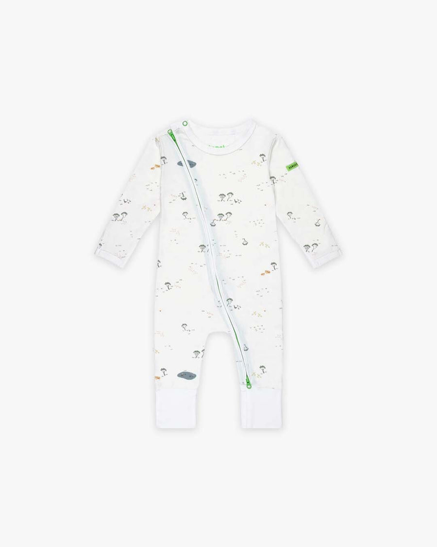 Hamako Tencel Micromodal Jippa Suit in the Farmyard print, flat lay showing the diagonal zip