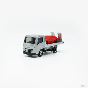 Tomica Asia Original AO-02 Isuzu Elf Vehicle Transporter with a small red car loaded on the bed