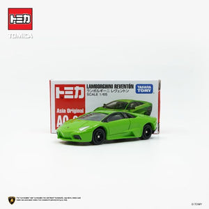 Tomica AO-08 Lamborghini Reventon, green, front three-quarter view with box