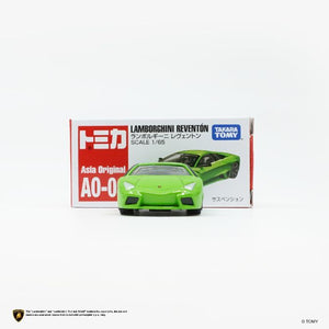Tomica Asia Original AO-08 Lamborghini Reventon die-cast model, green, with its box showing scale 1/65