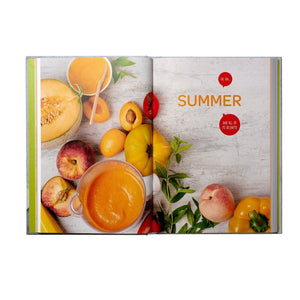 BEABA Babycook recipe book open at the summer recipes spread