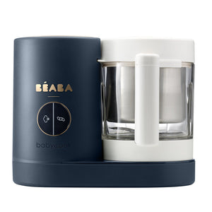 BEABA Babycook Neo Night Blue showing the glass bowl and steam basket