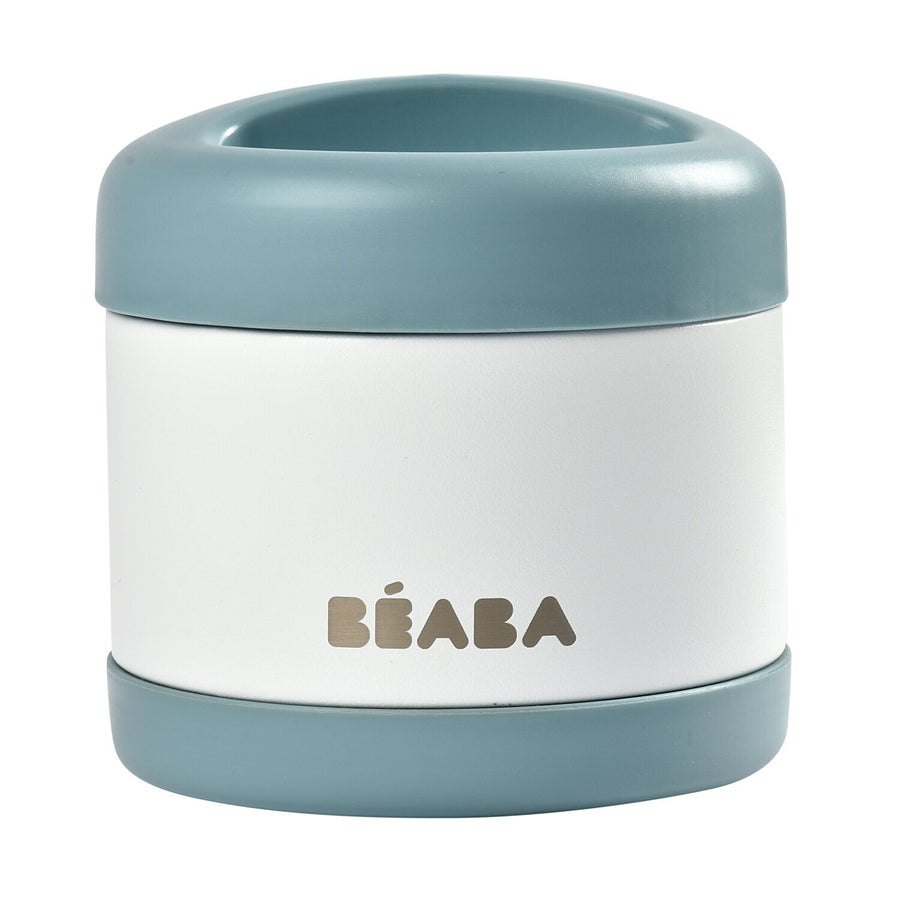 BEABA stainless steel isothermal food container 500ml, white body with baltic blue lid