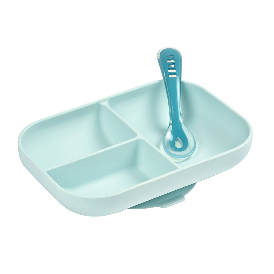 BEABA silicone suction divided plate and spoon in blue