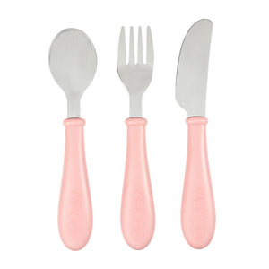 BEABA stainless steel training cutlery 3 piece set in old pink - spoon, fork and knife