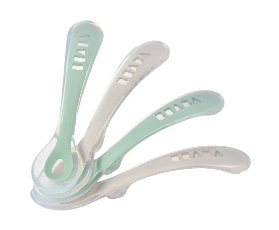 BEABA set of 4 2nd stage soft silicone spoons in velvet grey and sage green